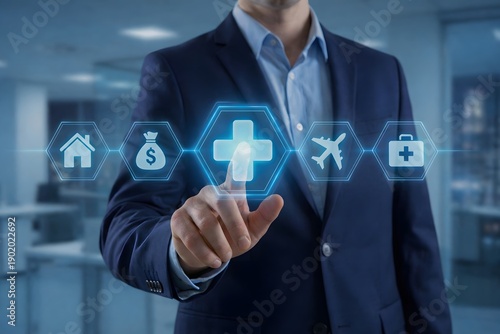 Insurance concept with medical cross and financial protection icons
