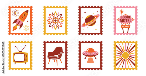 Retro Mid-Century Modern Googie Style Postage Stamp Collection for Space Age Aesthetic Stationery