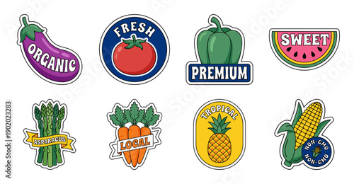 Fresh Produce Sticker Set with Vegetable and Fruit Illustrations