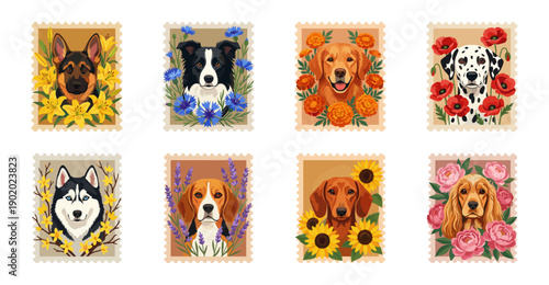 Vintage Floral Dog Portraits Postage Stamp Collection for Pet Lover Stationery and Scrapbooking Graphics