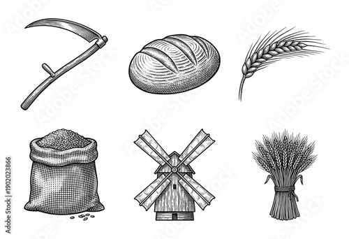 Set of vintage agricultural and baking icons featuring grain, flour mill, scythe, and fresh bread in a hand-drawn woodcut engraving style.