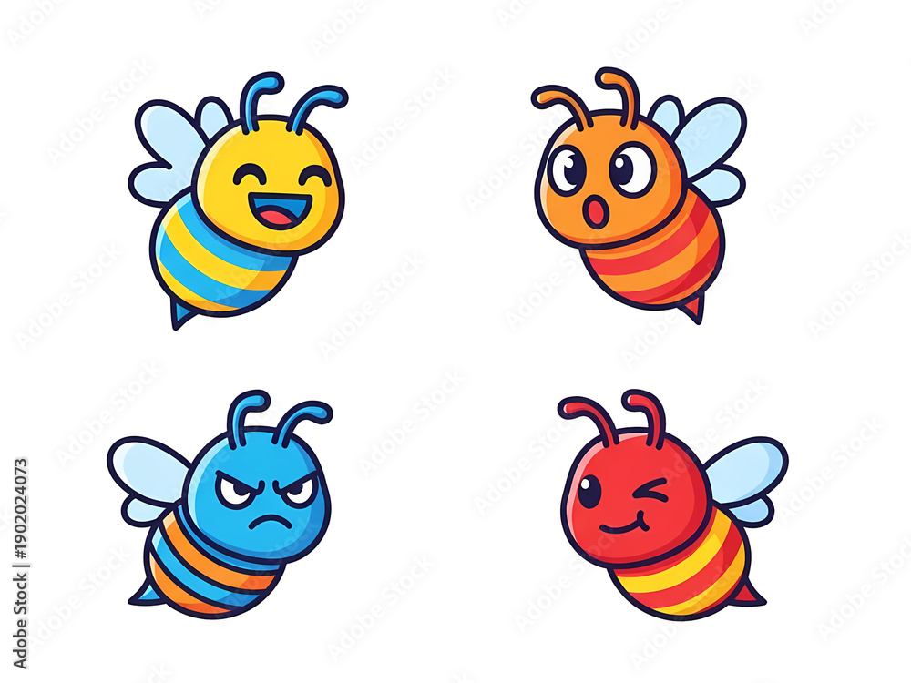 Fototapeta premium Colorful cartoon bees with different emotions on their faces