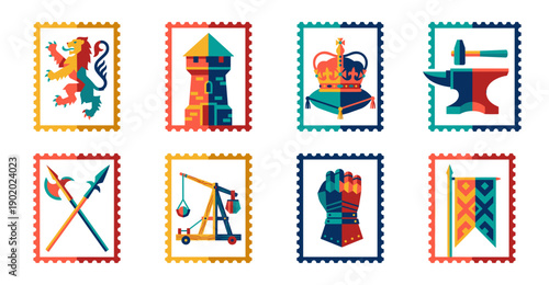 Flat Vector Medieval Kingdom Postage Stamp Collection for Fantasy Scrapbooking and Kingdom Branding