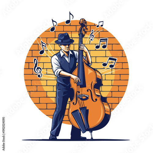 Stylish Jazz Musician Playing Upright Bass with Musical Notes.