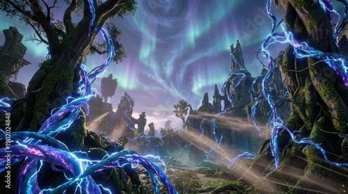 Wallpaper Mural Magical Forest Landscape With Aurora Borealis And Glowing Vines Torontodigital.ca