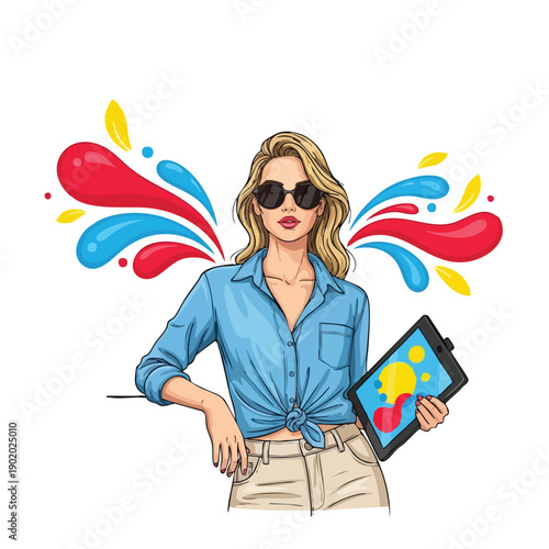 Stylish Woman with Sunglasses and Creative Splash Background.