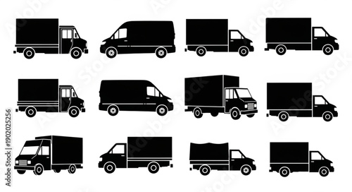 Collection of Black Silhouettes of Various Trucks and Vans.
