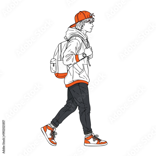 Stylish young man walking with backpack and cap.