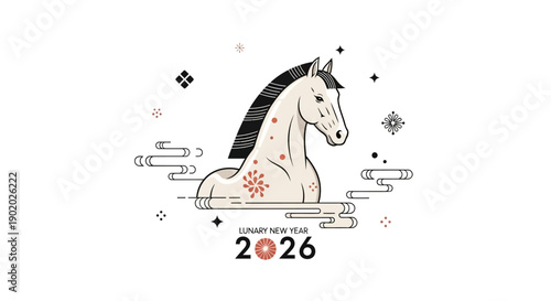 Vector illustration of a white horse with black mane and red Chinese New Year ornament markings surrounded by abstract shapes on a white background, symbolizing the 2026 Lunar New Year of