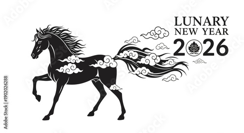 Vector illustration of a black horse with floral decorations and the text 'LUNAR NEW YEAR 2026' in a bold, modern font on a white background with a celebratory feel.