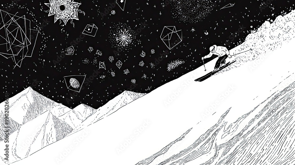 Obraz premium Monochrome illustration of skier descending steep slope under star filled sky conveying risk isolation courage and sublime scale of nature