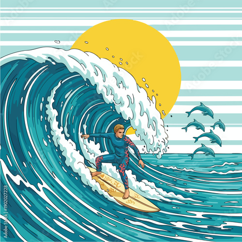 Surfer riding a large ocean wave with skill and balance 1.