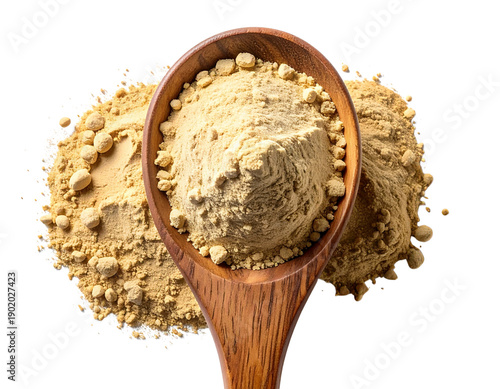 Top-Down Flat Lay of Ashwagandha Powder in Wooden Spoon, Minimalist Presentation, Isolated on White Background
