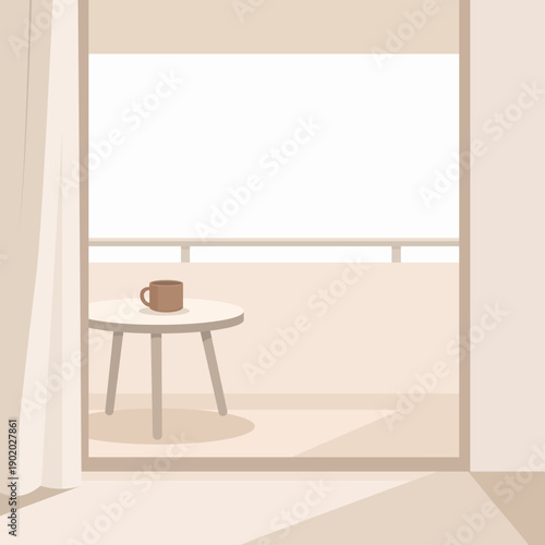 Flat vector illustration of a quiet balcony with a coffee cup. Concept of calm everyday moments, simple pleasures, minimal lifestyle and quiet living without excess.