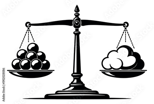 Stylized illustration of a balance scale depicting spheres outweighing a cloud for conceptual comparison