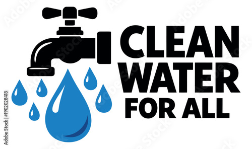 Bold graphic illustration of a faucet and blue water drops depicting a clean water for all initiative