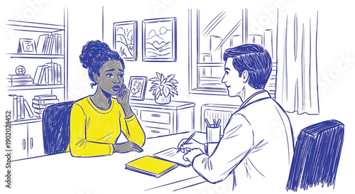 Sketch of doctor consulting worried woman about medical diagnosis