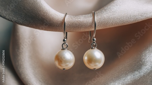 Elegant pearl earrings with silver clasps hanging from silk