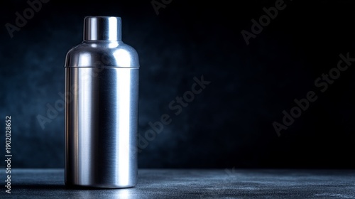 Gleaming stainless steel cocktail shaker on dark surface