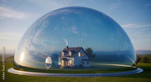 Cozy House Protected Inside Transparent Dome Under Bright Sky with Gentle Clouds and Warm Evening Light