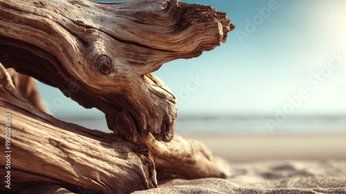Naturally shaped driftwood on a sandy beach with blue sky