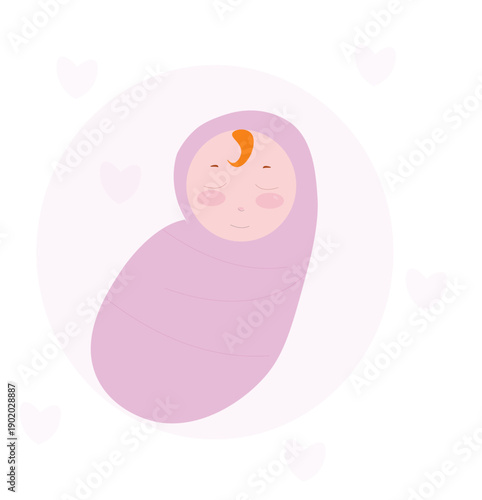 Cute sleeping newborn baby wrapped in swaddle blanket illustration