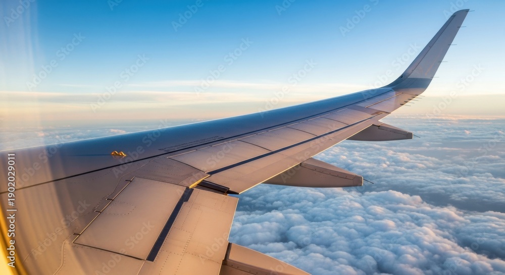 Fototapeta premium Airplane Wing Flying Above Clouds.
