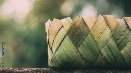 Woven palm leaf basket with natural color variations