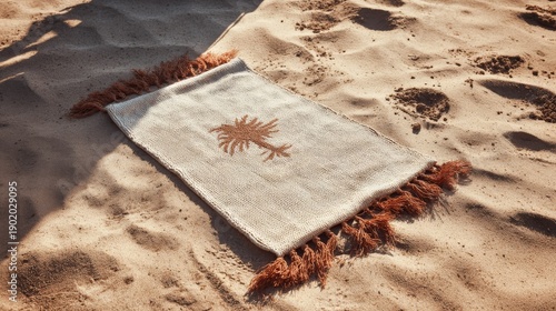 Woven prayer rug with tree motif on sand