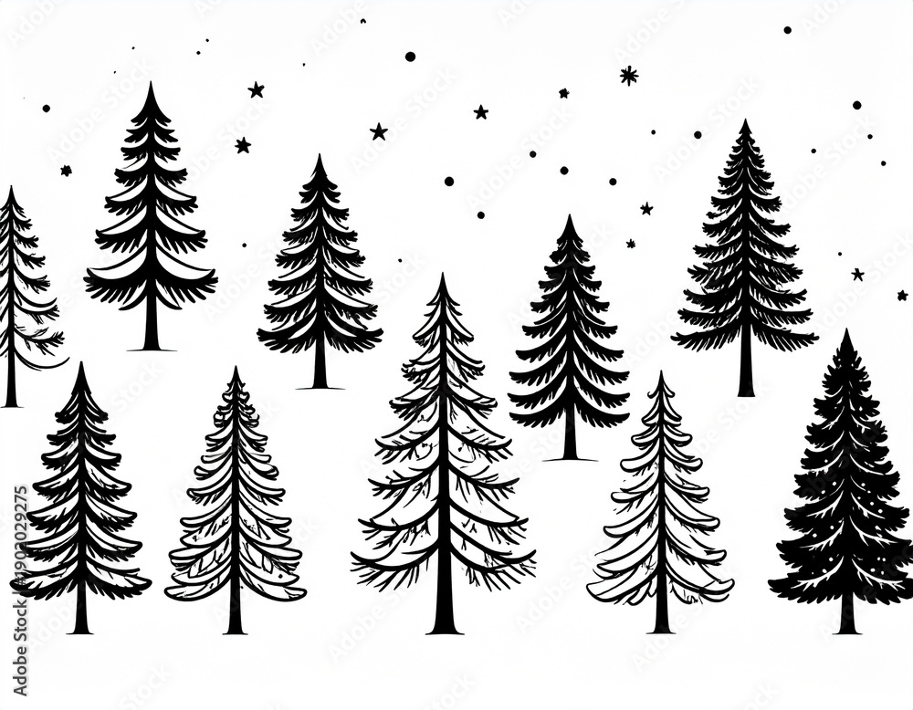 Obraz premium Black and White Illustration of Christmas Trees with Snowflakes, Winter Holiday Season.