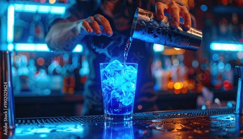 Bartender Pouring Cocktail at Nightclub Bar.