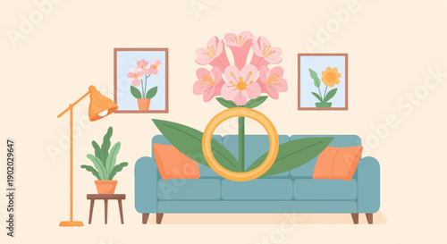 Cozy living room with blooming flowers and a floor lamp