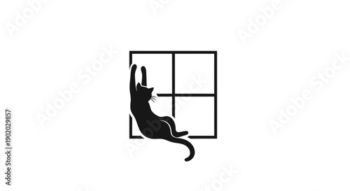 Black cat climbing window sill high.