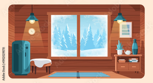 Cozy log cabin interior with winter landscape visible through window