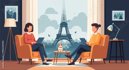 Cozy Paris apartment living room with Eiffel Tower view, two people on laptops, and a dog
