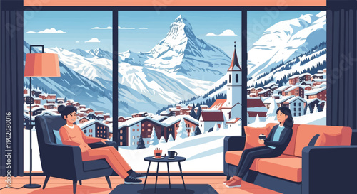 Cozy interior view of snowy mountain village with two people enjoying drinks