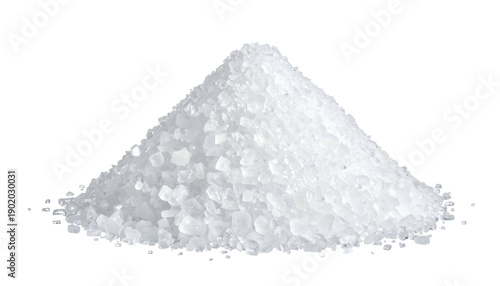 A close-up of a mound of coarse, sparkling white crystals against a transparent background