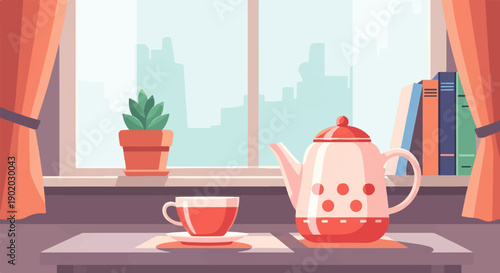 Cozy interior scene with tea set, plant, and books by the window