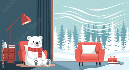 Cozy polar bear in armchair watches snow fall outside window, winter scene