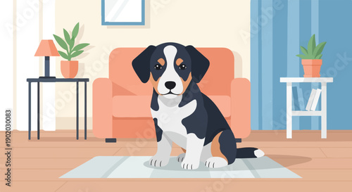 Cute tricolor puppy sits on rug in a living room beside a chair