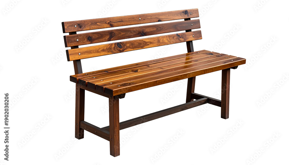 Fototapeta premium A wooden bench with a backrest and seat made of stained planks, on a black background