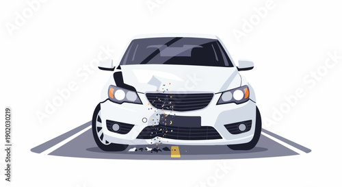 Damaged white car front on a road, debris scattered