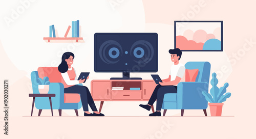 Couple relaxing on couches, watching television and using tablets