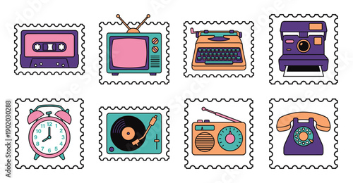 Retro Tech Aesthetic Postage Stamp Collection for Nostalgic Scrapbooking and Vintage Media Stationery