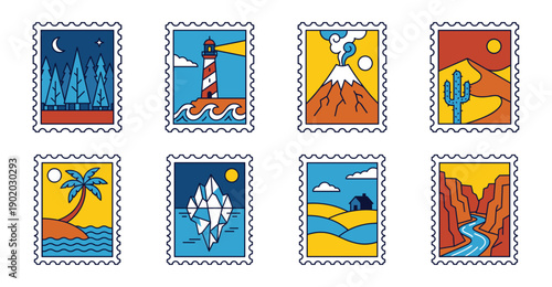 Minimalist Line Art Nature Landscape Postage Stamp Collection for Travel Stationery and Scrapbooking