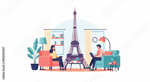 Couple relaxing indoors with Eiffel Tower view, working on laptops