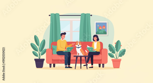 Couple relaxing on sofa with dog, working on laptops and reading