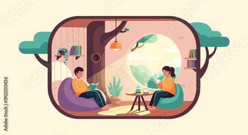 Couple relaxing indoors with books and hot beverages