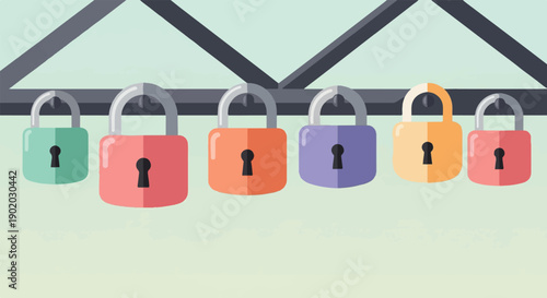 Colorful padlocks hang from a metal bar against a light green background