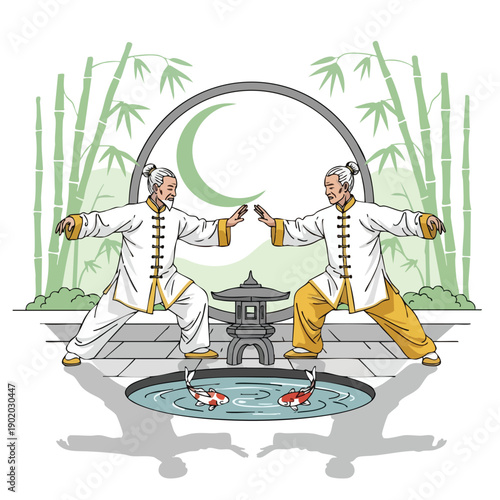 Two elderly men performing Tai Chi in a serene garden.